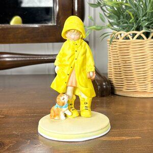 Vintage Kit N Kat Figurine Girl in Yellow Raincoat with Puppy Dog Collectible